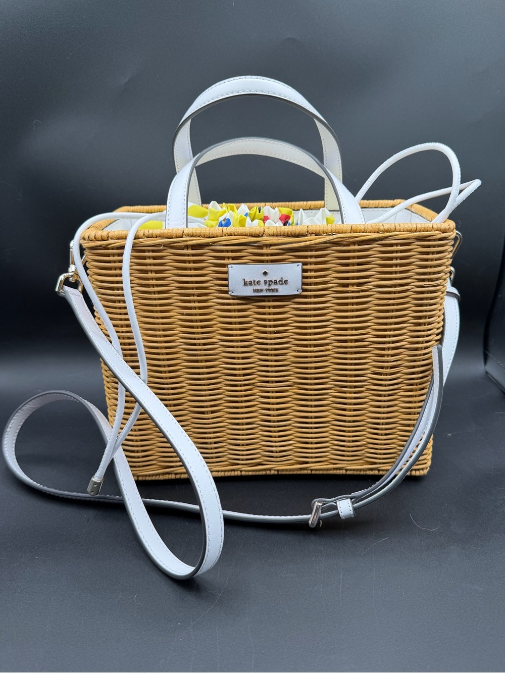Kate Spade Wicker Basket Bag — Straw/Rattan with White Straps & Floral Lining